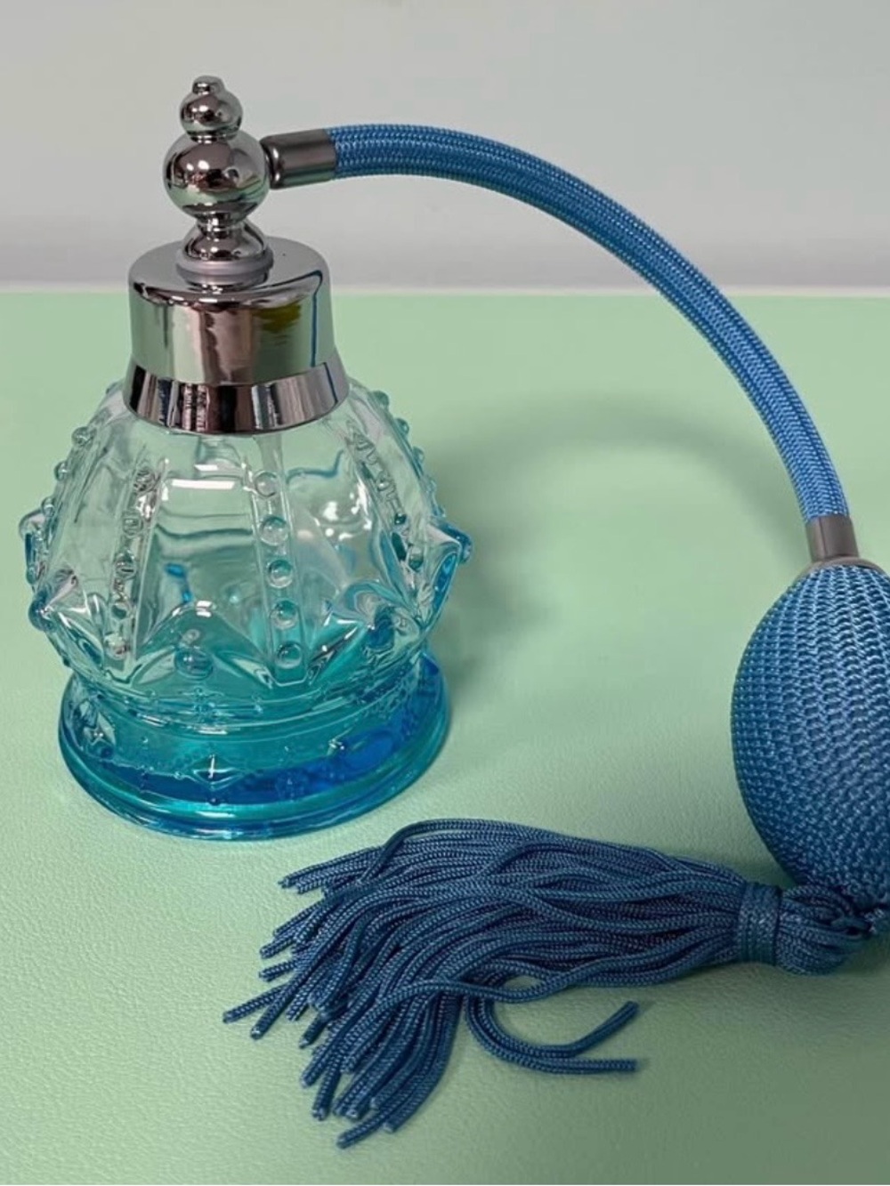 Refillable Aqua Blue Perfume Bottle With Tassel, Perfume Storage